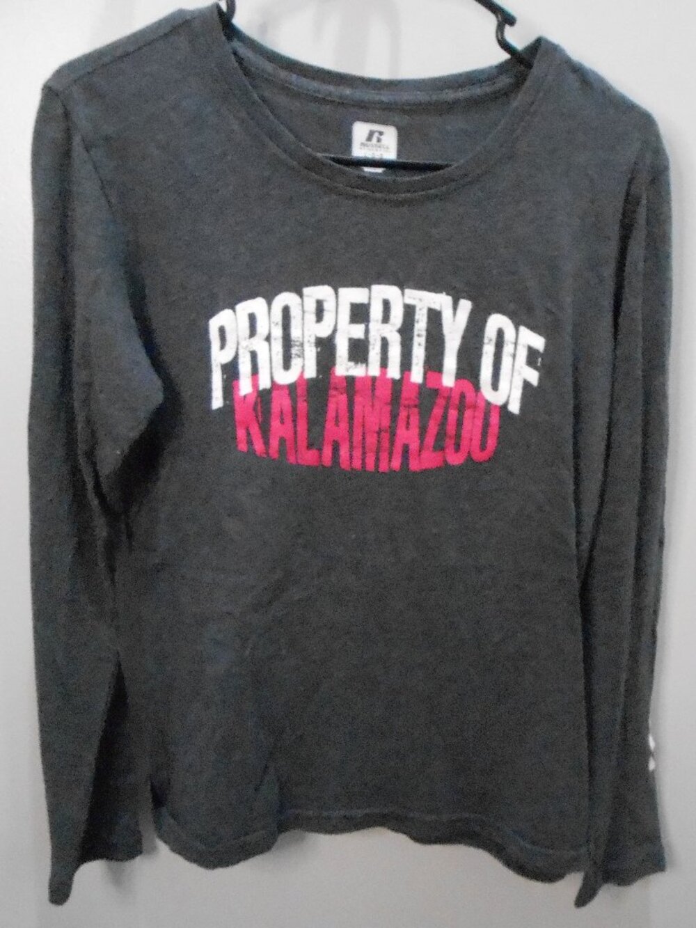 Property of Kalamazoo Logo Women's Long Sleeve Dk Gray Crew Neck T-Shirt Size-L
